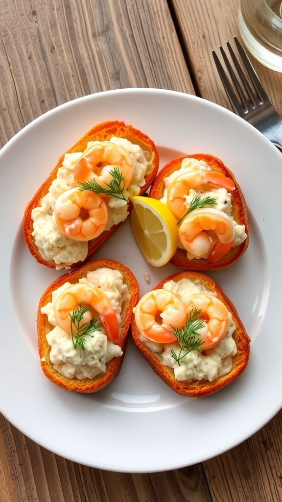 A delicious serving of Toast Skagen with shrimp on toasted bread, garnished with dill and lemon.